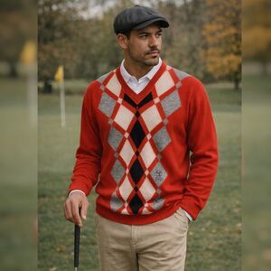 Pringle Sports Argyle Wool Sweater Mens L Red V Neck Made Scotland Golf Academic